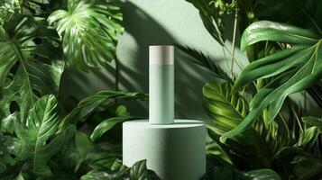 A white tube with a green cap sitting in front of some plants photo