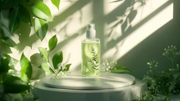 A bottle of green liquid sitting on a white table photo