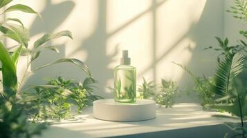 A bottle of green liquid sitting on a table surrounded by plants photo
