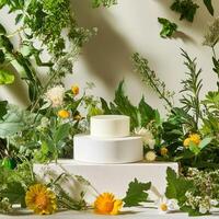 A cake sitting on a white box surrounded by flowers photo