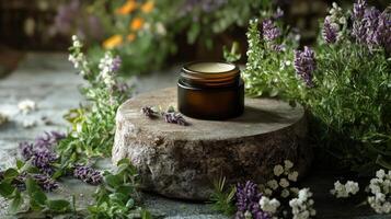 A jar of essential oil sits on a wooden stump surrounded by flowers photo