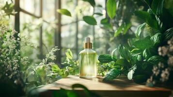 A bottle of essential oil sits on a table surrounded by plants photo