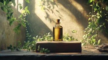 A bottle of oil sits on a wooden block in front of a window photo