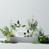 Three bottles of essential oils are arranged on a white shelf photo