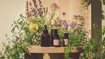 Essential oils and flowers on a shelf photo