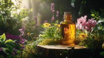 Essential oils in a bottle on a tree stump photo
