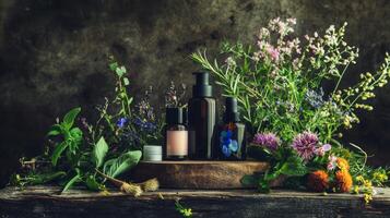 Essential oils and flowers on a wooden table photo