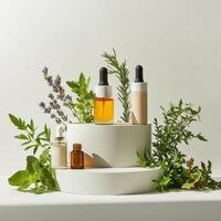 Herbs and oils on a white cake photo
