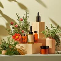 A variety of cosmetic products are arranged on wooden blocks photo