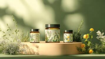 Three bottles of herbal medicine are sitting on a wooden stand photo