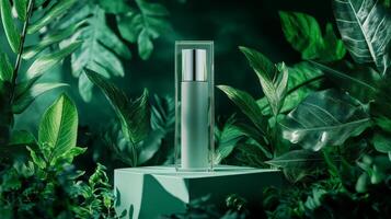 A bottle of skin care product sitting on a green square photo
