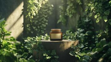 A jar of oil sits on a stump surrounded by plants photo
