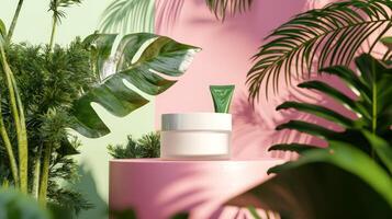 A jar of cream on a pink and green background photo