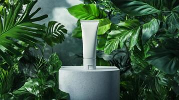 A tube of toothpaste is sitting on a pedestal surrounded by plants photo