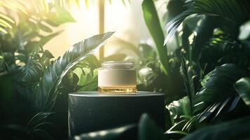 A jar of honey sitting on a pedestal surrounded by plants photo
