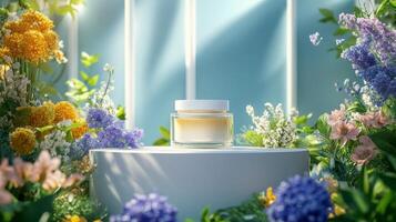 A jar of perfume sits on a pedestal surrounded by flowers photo