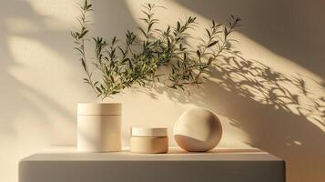 A vase with a plant on it and two white containers photo