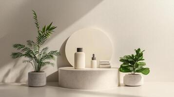 A white wall with a mirror, a bottle of soap and a plant photo