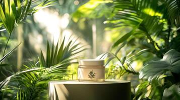 A jar of cream sitting on a pedestal surrounded by plants photo