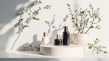 Three bottles of perfume and a white vase with branches photo
