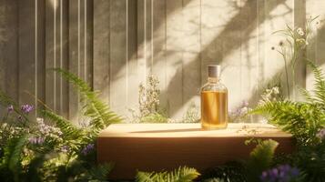 A bottle of perfume sitting on a wooden box surrounded by plants photo