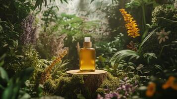 A bottle of oil sits on a stump surrounded by flowers photo