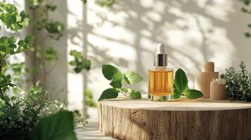 A bottle of essential oil sits on a wooden table with leaves and plants photo