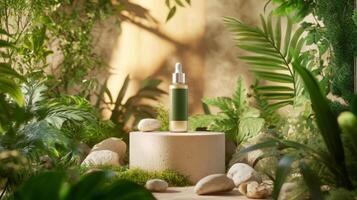 A bottle of green liquid sitting on a stone base surrounded by plants photo