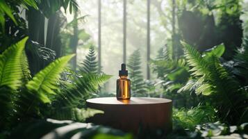 A bottle of essential oil sits on a wooden table surrounded by lush green plants photo