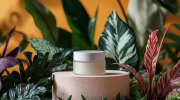 A jar of cream sitting on top of a plant photo