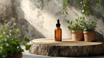A bottle of essential oil sits on a wooden stump photo
