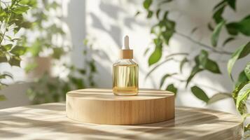 A bottle of essential oil sitting on a wooden stand photo
