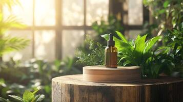 Essential oil bottle on wooden table with plants and sunlight photo