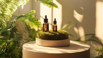 Two bottles of essential oils sit on a table in front of plants photo