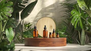 Wooden stand with bottles of essential oils photo