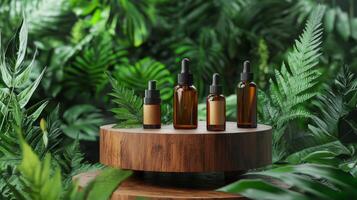 Three bottles of essential oils on a wooden stand surrounded by tropical plants photo