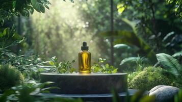 A bottle of essential oil is sitting on a stone table surrounded by plants photo