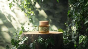 A bottle of perfume sitting on a stump in the woods photo