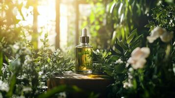 A bottle of essential oil is surrounded by flowers and leaves photo
