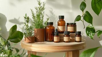 A table with bottles of essential oils and plants photo