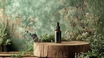 A bottle of essential oil sits on a wooden table photo