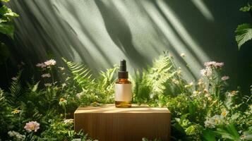 A bottle of essential oil sits on a wooden block surrounded by flowers photo