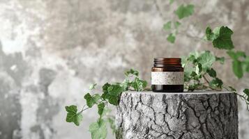 A bottle of essential oil sits on a stump photo