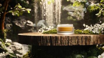 A jar of honey sitting on a stump in front of a waterfall photo