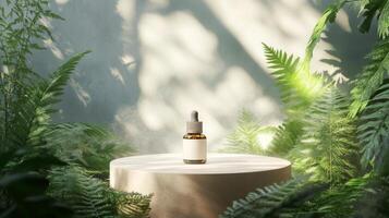 A bottle of essential oil sits on a table surrounded by ferns photo