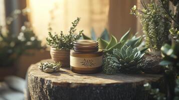 A jar of essential oil sits on a wooden stump photo