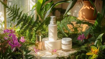 A white bottle of skin care products sitting on a table surrounded by plants photo