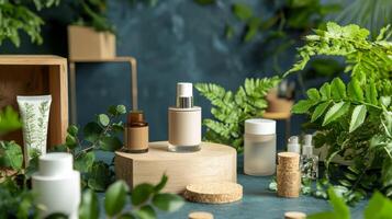Cosmetics products on a table surrounded by plants photo