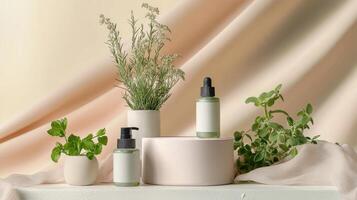 Three bottles of skin care products on a table photo