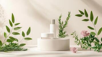 A white container with a bottle of perfume and some plants photo